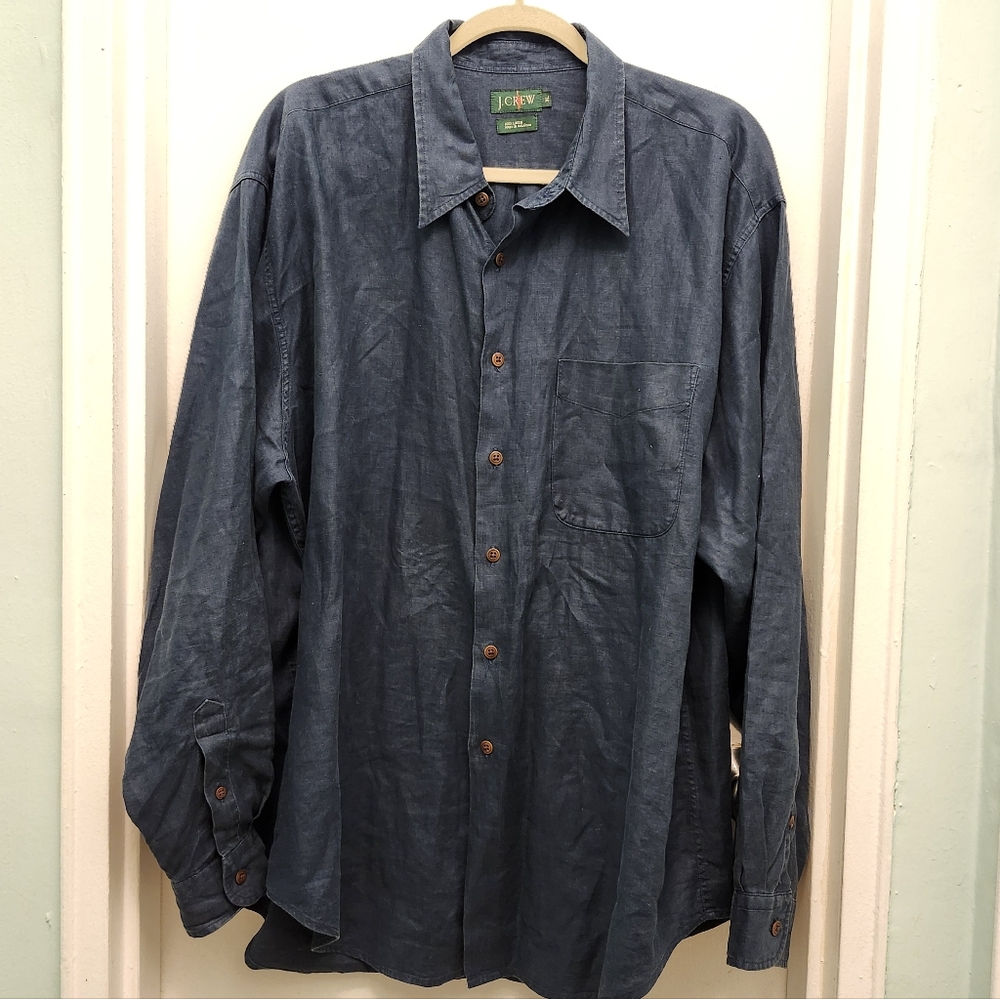J.Crew Oarsman Shirt Men's XL Navy 100% Linen Long Sleeve Button Down